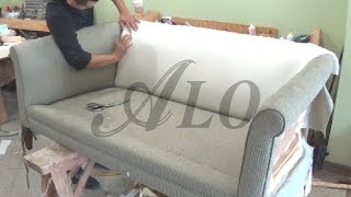 DIY  HOW TO REUPHOLSTER A COUCH WITH ROLL ARMS  ALO Upholstery [upl. by Aikemahs]