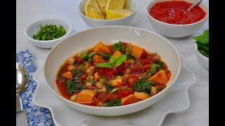 Vegan Chickpea Stew with Yams Spinach Lemon Mint Leaves amp Red Pepper Puree [upl. by Perrin]