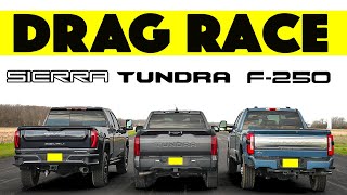 2024 Ford F250 vs Toyota Tundra vs GMC Sierra 2500 Close but not close Drag and Roll Race [upl. by Lebana]