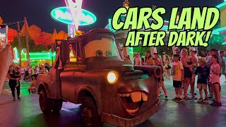 Cars Land After Dark Neon Nights Disney California Adventure 4K [upl. by Eninnaj]