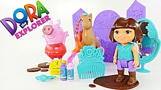 Dora the Explorer Pony Salon with Peppa Pig Play Doh Muddy Puddles Episode en Español [upl. by Nylevol]