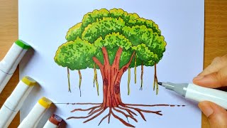 Banyan Tree Drawing  Tree Drawing  How to Draw National Tree of India [upl. by Airdnola]