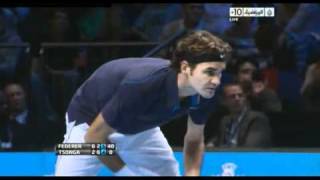 Barclays  ATP World Tour Finals 2011  Group B  Federer defeats Tsonga Last game 3º set [upl. by Hamo363]