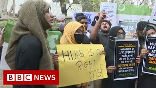 Protests in India as Karnataka state moves to ban hijabs in schools  BBC News [upl. by Hsirrehc]