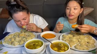 Mutton momo spicy achar mutton soup 🥣 mukbang [upl. by Orecic]