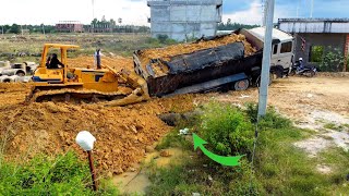 Incredible Dump Truck 25ton Drive Back Uploading Landslide Overturned Bulldozer Komatsu Help Rescue [upl. by Yellehs]