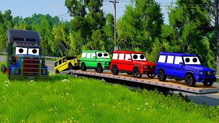 Double Flatbed Trailer Truck vs Speedbumps Train vs Cars  Tractor vs Train BeamngDrive [upl. by Ateiluj]