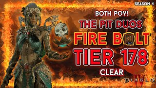 Pit Tier 178 Fire Bolt Sorc amp zDPS Barb Duo Clear Diablo 4  Season 4 [upl. by Ilyak]