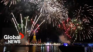 New Years 2023 Thailand ushers in New Year with fireworks over iconic temple in Bangkok [upl. by Idihsar]