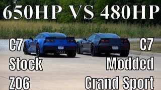 Modded C7 Chevy Grand Sport Corvette beat a stock C7 Chevrolet Z06 Corvette [upl. by Brader]