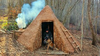 Building a Hunter Hut with a Fireplace  Bushcraft Shelter from Wood and Clay Part1 [upl. by Dan792]