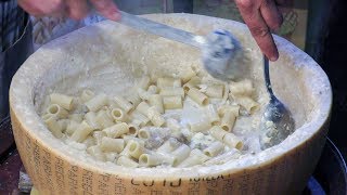 Italian Pasta Drowned in a Huge Parmigiano Cheese Wheel Street Food Seen Near Milano [upl. by Aicemaj]