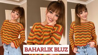 RENGARENK BAHARLIK ŞIK BLUZ  ZİKZAK MODELİ  crochet bloouse [upl. by Vivien874]