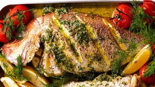 Whole Baked Fish  Herb Stuffed with Garlic Butter Dill Sauce [upl. by Anilasor]