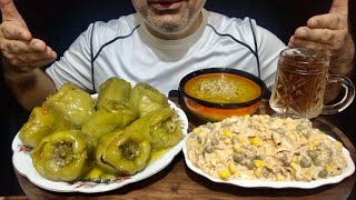 Dolma from Bell Pepper 🫑 Sprat Salad 🥗 in Tomato🍅 Sauce with Vegetables Ice Tea  ASMR MUKBANG [upl. by Mcnelly580]