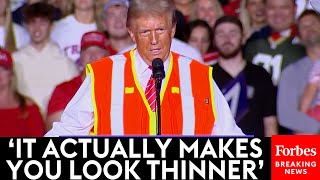 Trump Makes Crowd Laugh With Extended Riff About Wearing Trash Collector Vest To Rally In Green Bay [upl. by Nivag949]