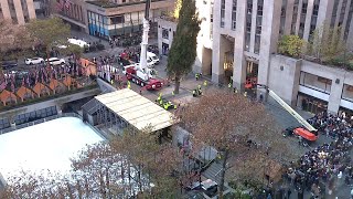 WATCH Rockefeller Center Christmas Tree arrives in NYC hoisted by crane into place in the Plaza [upl. by Odirfliw661]