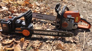 Worx Nitro 16in chainsaw VS STIHL MS 250 witch one the best [upl. by Storz]