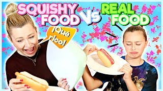 🌭¡SQUISHY FOOD vs REAL FOOD CHALLENGE 🍌  Familia Carameluchi 👨‍👩‍👧‍👦 [upl. by Idnor]