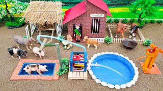 DIY making mini Farm Diorama with Pool Shower of Animals  Mini Water Pump for Farm Animal [upl. by Kristofer]