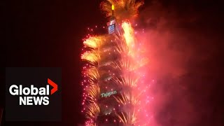 New Years 2024 Taiwans Taipei 101 lit up with dazzling fireworks [upl. by Wiedmann317]