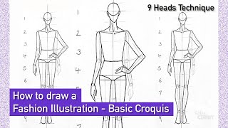 How to draw a Fashion Illustration  Step by step  Basic Croquis in front Pose  9 Heads [upl. by Latsyc]