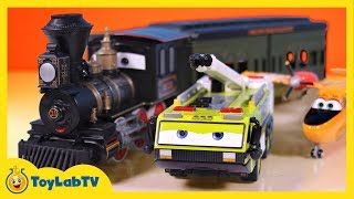 Disney Planes Fire amp Rescue Muir Train Transporter Ryker Dipper amp Rescue Mater on ToyLabTV [upl. by Pironi376]