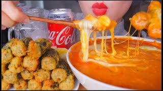 ASMR CHEESY SPICY RICE CAKES  GIMMARI FRIED SEAWEED ROLL  KIMCHI  COLA  咀嚼音  먹방 [upl. by Eilyak602]