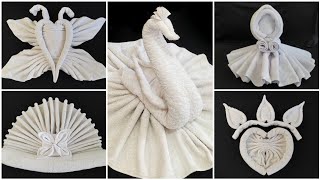 5 ideas of Towel folding origami Heart Swan Butterfly Princess Hand Held Fan [upl. by Cyrillus]