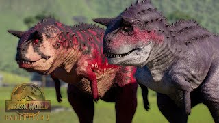 NUEVOS CARNOTAURUS MAS GRANDES Y AGRESIVOS Familia carno conquista volcán dinosaurio JW Evolution 2 [upl. by Lyndell]