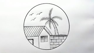 How to draw village scenery drawing with pencil  indian village scenery drawing  Prakritik drishya [upl. by Valsimot601]