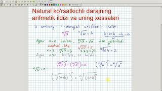 Natural korsatkichli darajaning arifmetik ildizi va uning xossalari Algebra 8sinf 10dars [upl. by Ylyl]