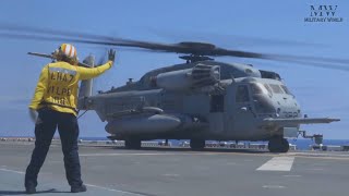 CH53E and MV22B Conduct Flight Deck Quals on USS Tripoli [upl. by Eilesor]