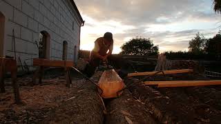 Making a wooden gutter with ax and adze [upl. by Alyakcm]