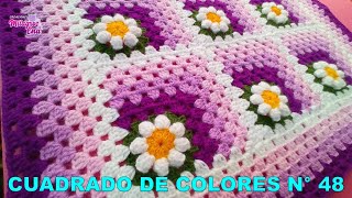 Como tejer el Cuadrado de colores N° 48 o muestra con flor en 3D a crochet para colchas y cojines [upl. by Kipper]