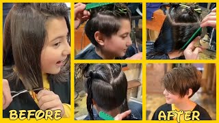 A Cute Girl Gets Her Short Pixie Haircut At Hairdresser Shop With Her Mom [upl. by Augustin905]