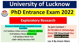 University of Lucknow  PhD Entrance Exam 2022  Research Methodology Exploratory Research Lec 4 [upl. by Kendall]