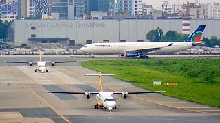 AirAstra ATR72 and behind USBangla Airbus A330343 preparing for takeoff from Dhaka Airport [upl. by Jacinto344]