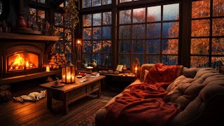 Rainy Autumn Day with Crackling Fireplace in a Cozy Hut Ambience  Relax Sleep or Study [upl. by Ahsinauq633]