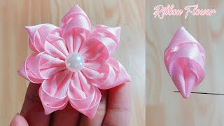 Kanzashi ribbon flower tutorialSatin ribbon craftRibbon flowers easyDiy flower making [upl. by Leahcar]