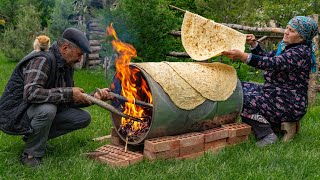 🌶️ Traditional Lavash Bread Baking Bread on a Barrel Over Wood Fire [upl. by Woodford]