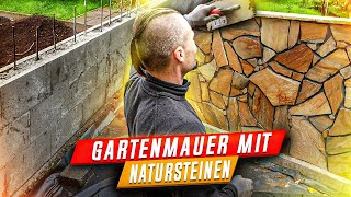 Gartenmauer selber bauen und mit Natursteinen verkleiden Schalungssteine Polygonalplatten [upl. by Saretta570]