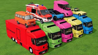 DACIA AUDI VOLKSWAGEN POLICE CARS amp MERCEDES AMBULANCE VEHICLES TRANSPORTING WITH TRUCKS FS22 [upl. by Fonville]