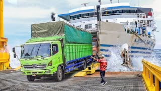 Risky Way Dozens of Massive Trucks Exit an Unstable Ferry Boat [upl. by Nnylaehs]