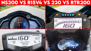 2023 NS 200 vs APACHE 200 vs 220F vs R15 V4  0 TO 100  TOPSPEED BATTLE [upl. by Polito253]