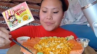 ASMR Spicy buldak CREAM Carbonara salmon sashimi  Eatingsound No talking [upl. by Rory]