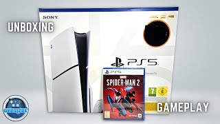 PlayStation 5 Slim Unboxing amp SpiderMan 2 Gameplay [upl. by Nohsal]