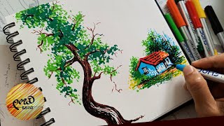 Quick and Creative Drawing with Doms Brush Pen Tree and the House Drawing  Brush Pen Art [upl. by Harl]