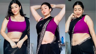 Black Netted Saree With Sleeveless Blouse Low Hip Saree Style Fashion [upl. by Gnouhk127]