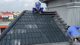 Construction Craft Method  Install Roof With Roofing Tiles On Fixed Frame [upl. by Ahcila]